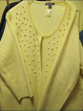 Roaman's Pale Beige Yellow Pearl-Embellished V-Neck Cardigan